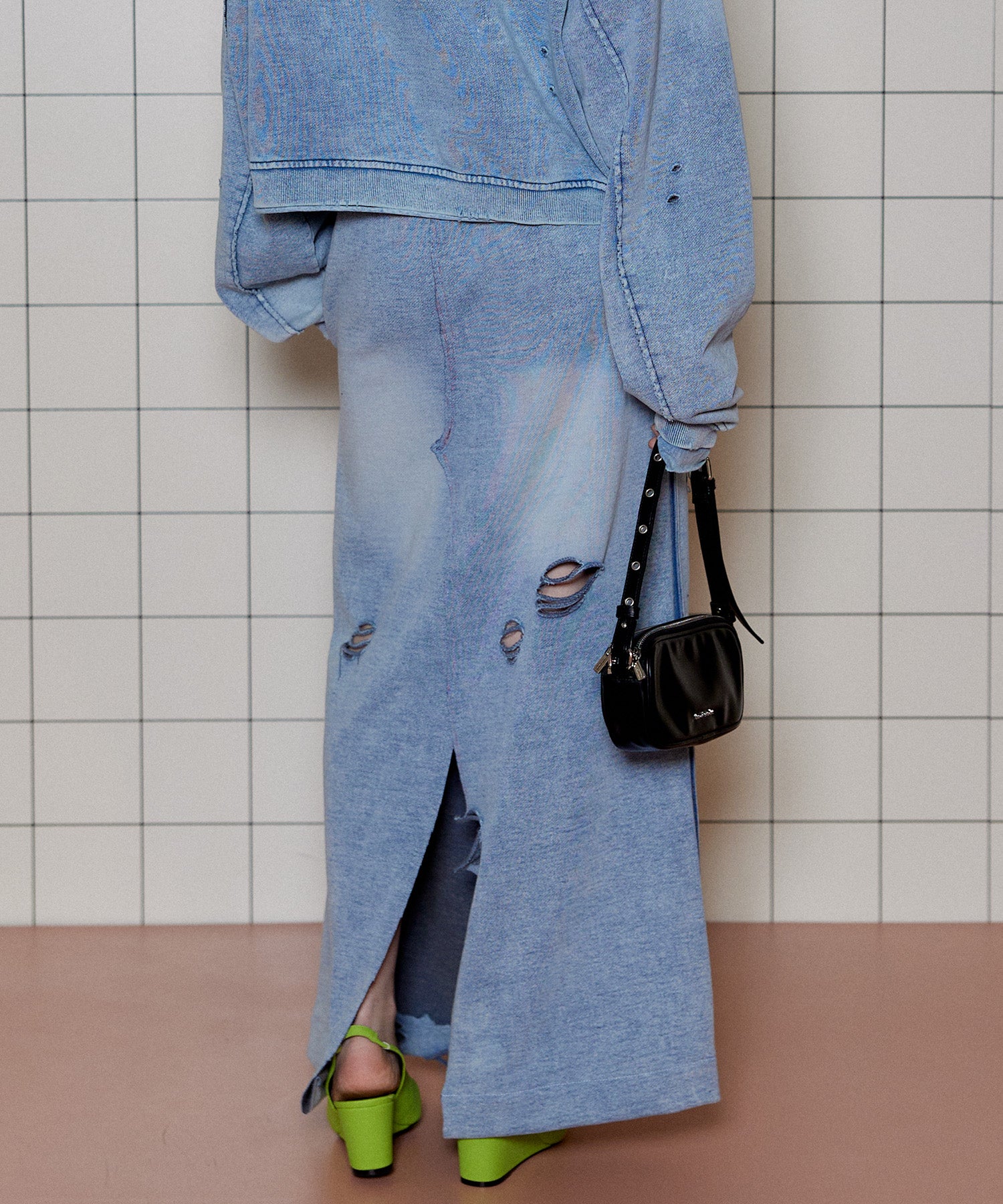 Denim Distressed Wide Skirt