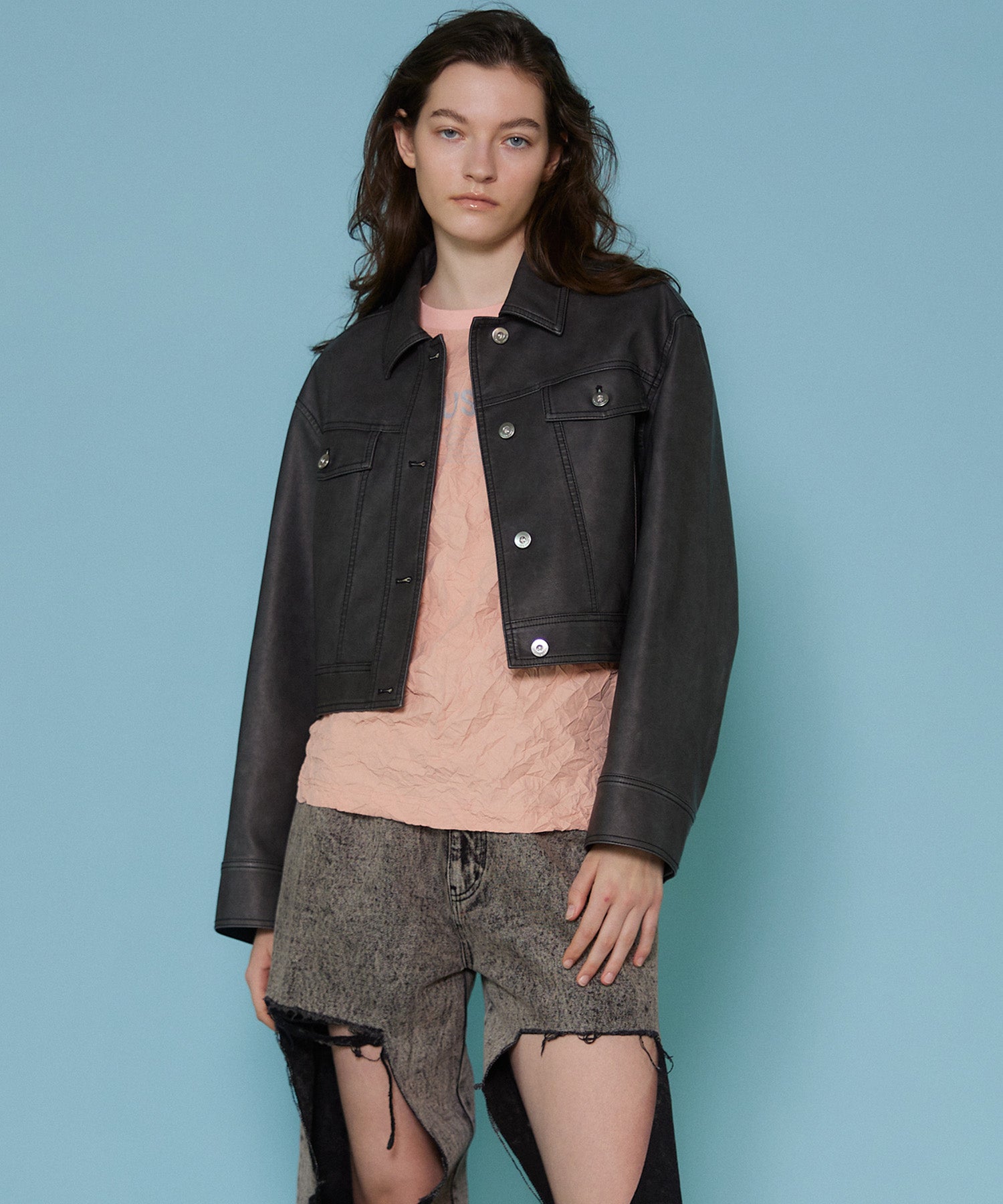 Washed Vegan Leather Short Length Blouson