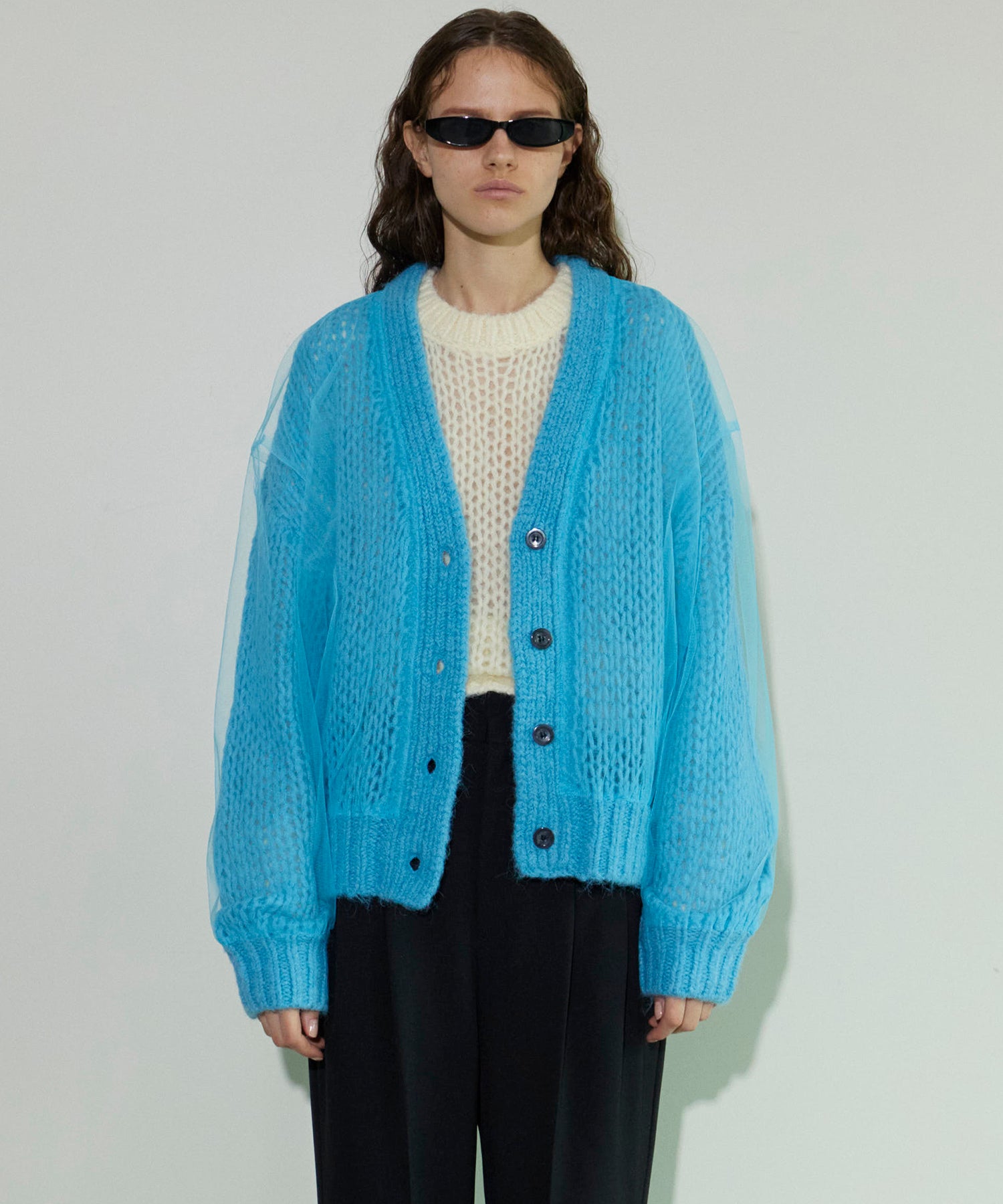 Tulle Layered Low Gauge Reversible Knit Cardigan