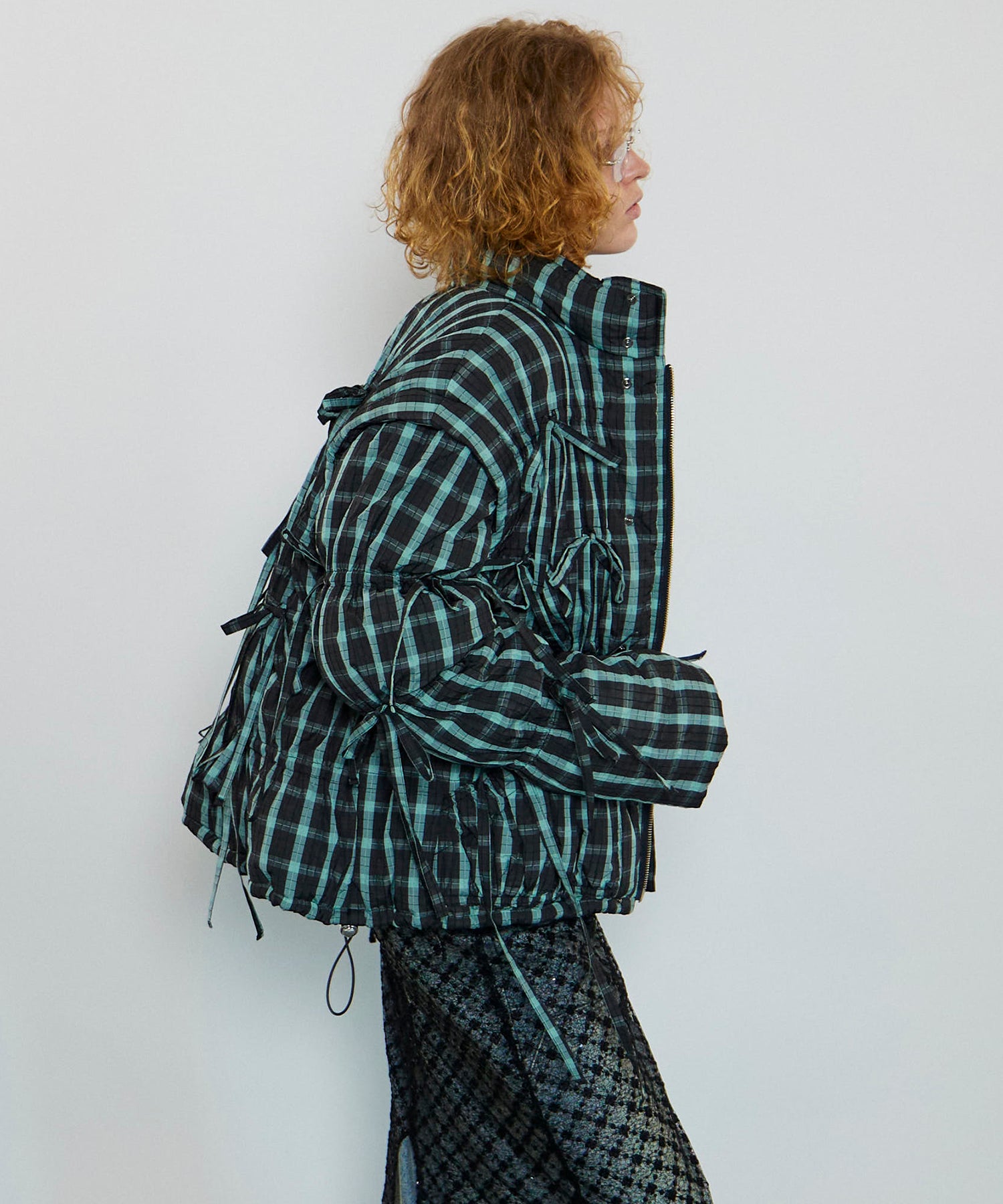 2way Checkered Ribbon Puffer Jacket