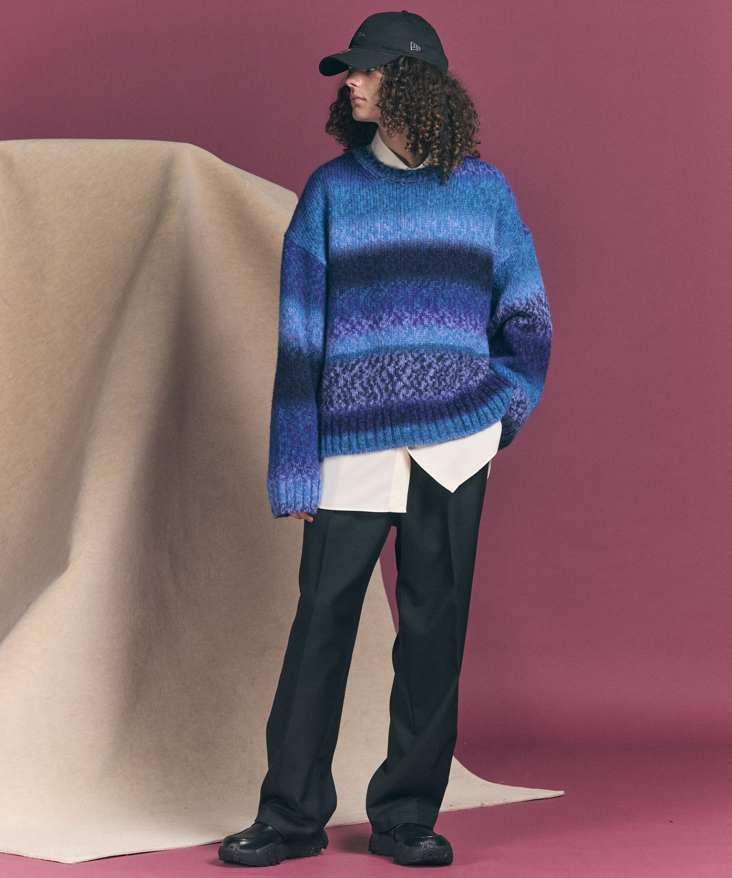 【24AW PRE-ORDER】PINORI Long Space-Dye Gradation Prime-Over Crew Neck Knit PullOver