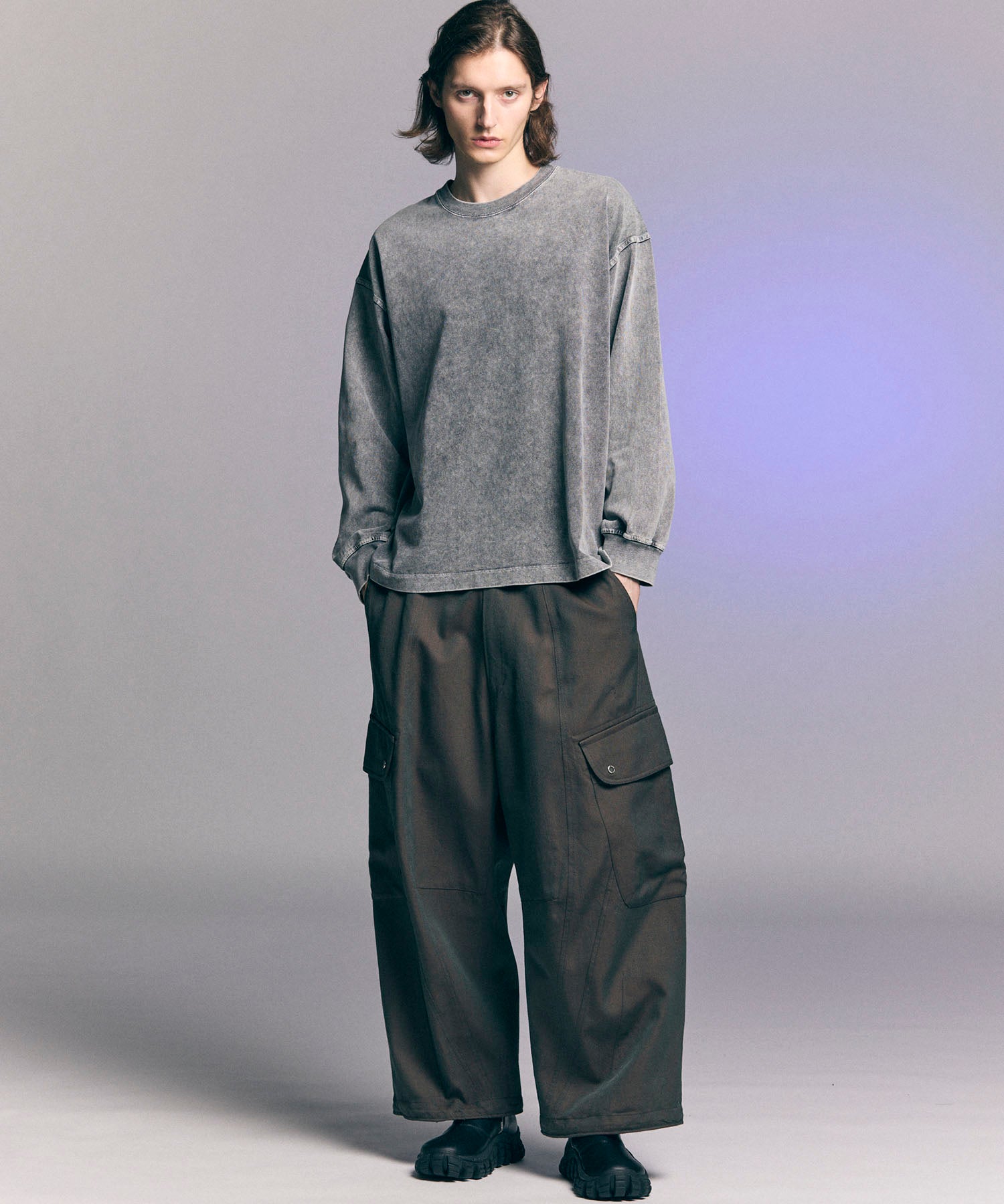 Chambray Wool Prime-Wide Three-Dimensional Cutting Cargo Pants