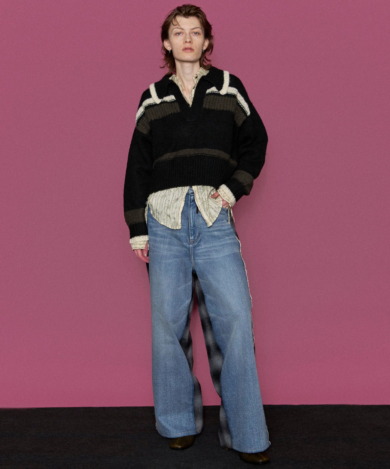 【24WINTER PRE-ORDER】Plaid Pattern Bicolor Denim Pants