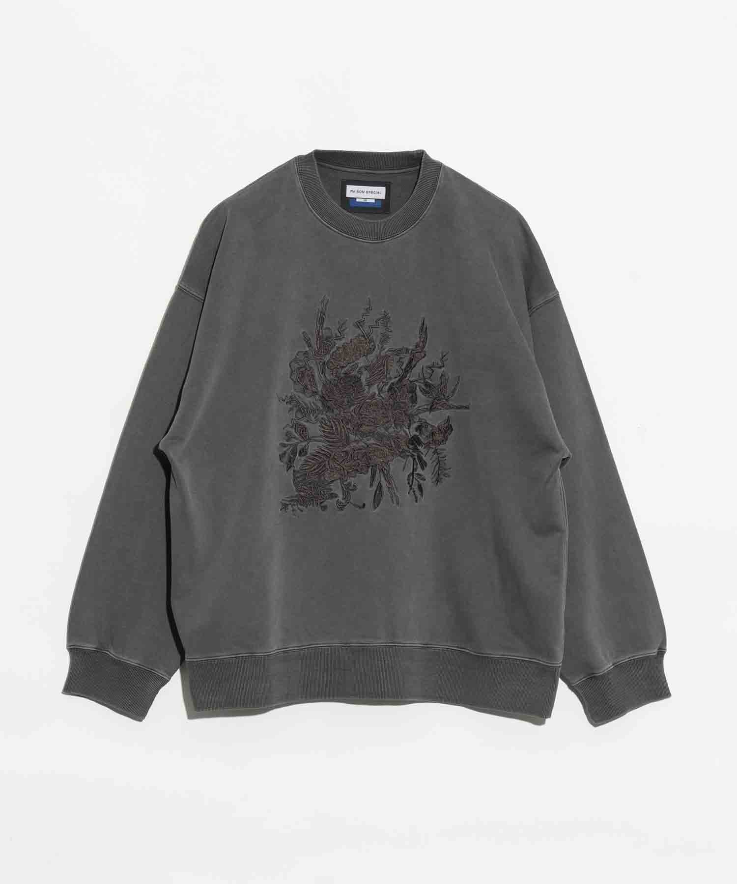 Flower Embroidery Heavy-Weight Pigment Sweat Prime-Over Crew Neck Pullover