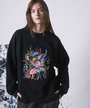 Flower Embroidery Heavy-Weight Sweat Prime-Over Crew Neck Pullover