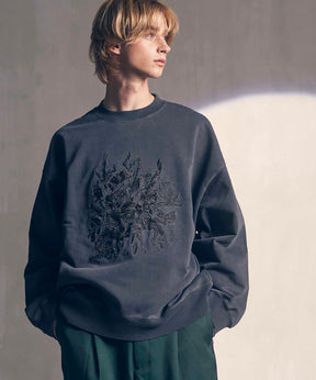 Flower Embroidery Heavy-Weight Pigment Sweat Prime-Over Crew Neck Pullover