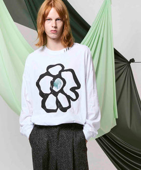 Flower Hand-Printed Oversized Stitched Crew Neck Long Sleeve T-Shirt