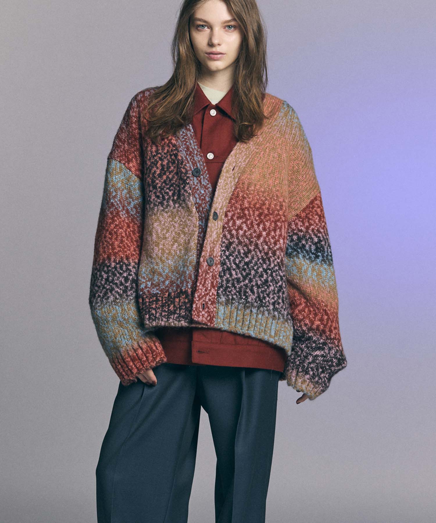 【24AW PRE-ORDER】PINORI Long Space-Dye Gradation Prime-Over V-Neck Knit Cardigan