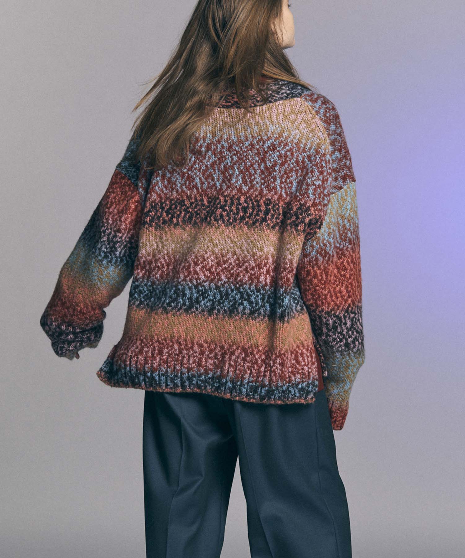 【24AW PRE-ORDER】PINORI Long Space-Dye Gradation Prime-Over V-Neck Knit Cardigan