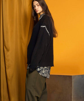 Embroidery Damage Prime-Over Crew Neck Knit Pullover